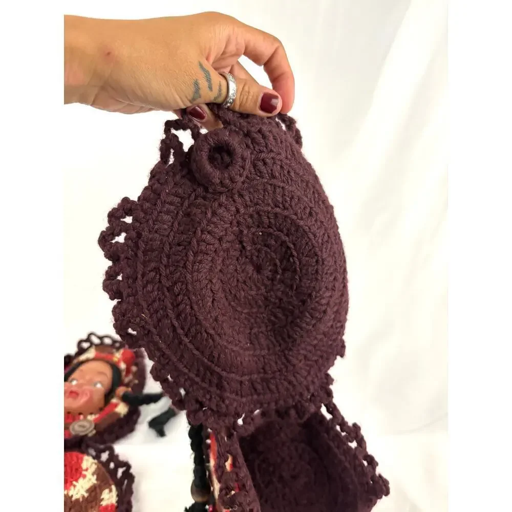 VTG Set of 2 Rubber Doll Face Crochet Pot Holder Brown‎ & Red Wall Decor 1970s